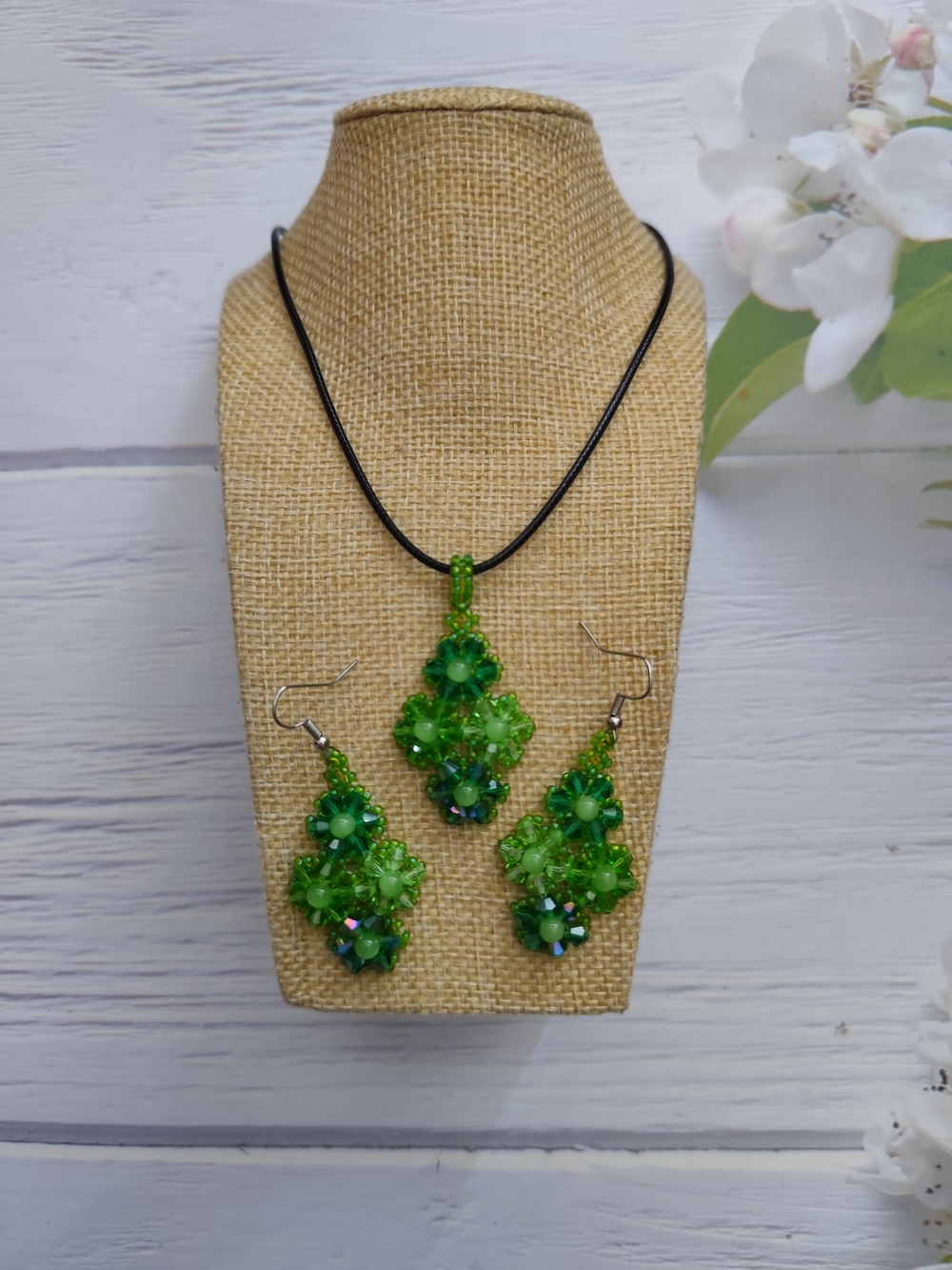 Green Crystal Floral Pendant Necklace & Earrings Set - Women Jewelry